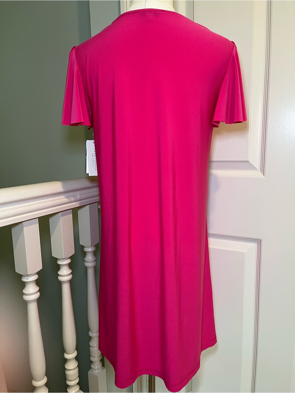 Fuchsia Short Flutter Sleeve Jersey Flounce Hem Mini Dress Relaxed A Line Shift - Picture 2 of 8